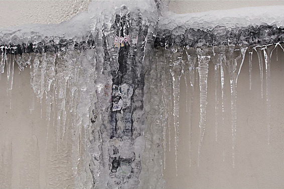 Istapper hænger ned fra et frostsprængt rør under et loft